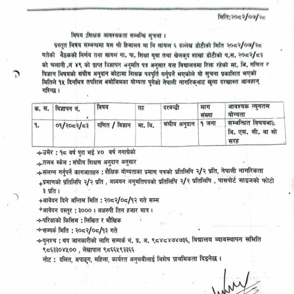 सायल हिमालय माध्यमिक विद्यालयमा शिक्षक माग